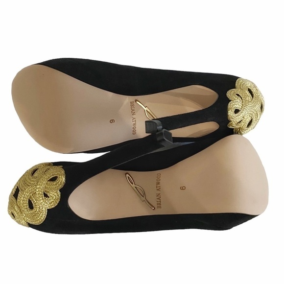 NWT BRIAN ATWOOD B-RAJA BLACK GOLD EMBROIDERED SUEDE PEEP TOE HEELS - 9 - Picture 4 of 10